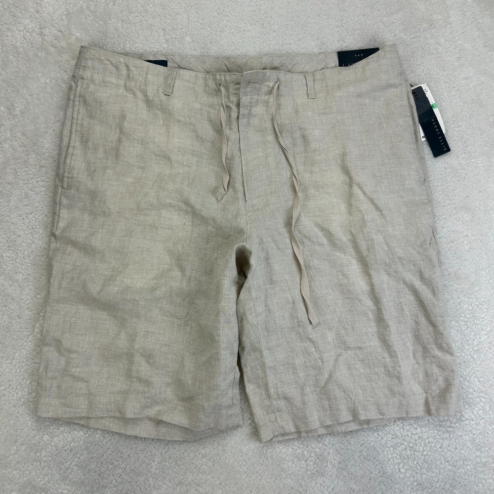 NWT Perry Ellis Linen Drawstring Chino Shorts Mens 34 Beige Classic "Read"